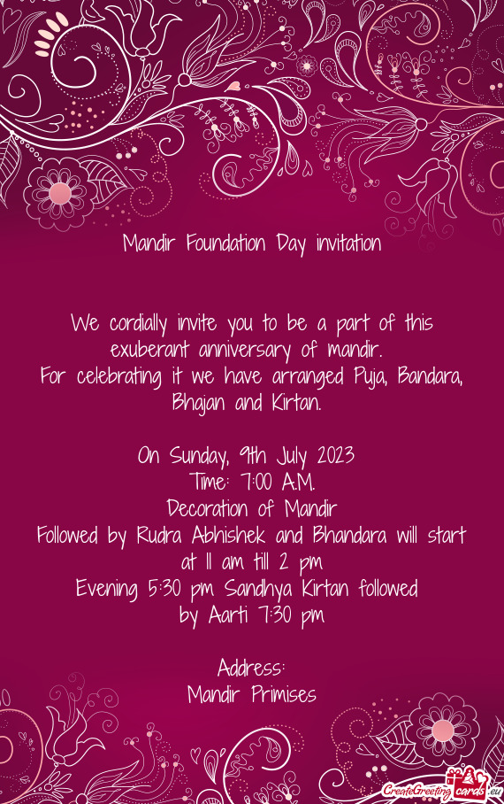 Mandir Foundation Day invitation