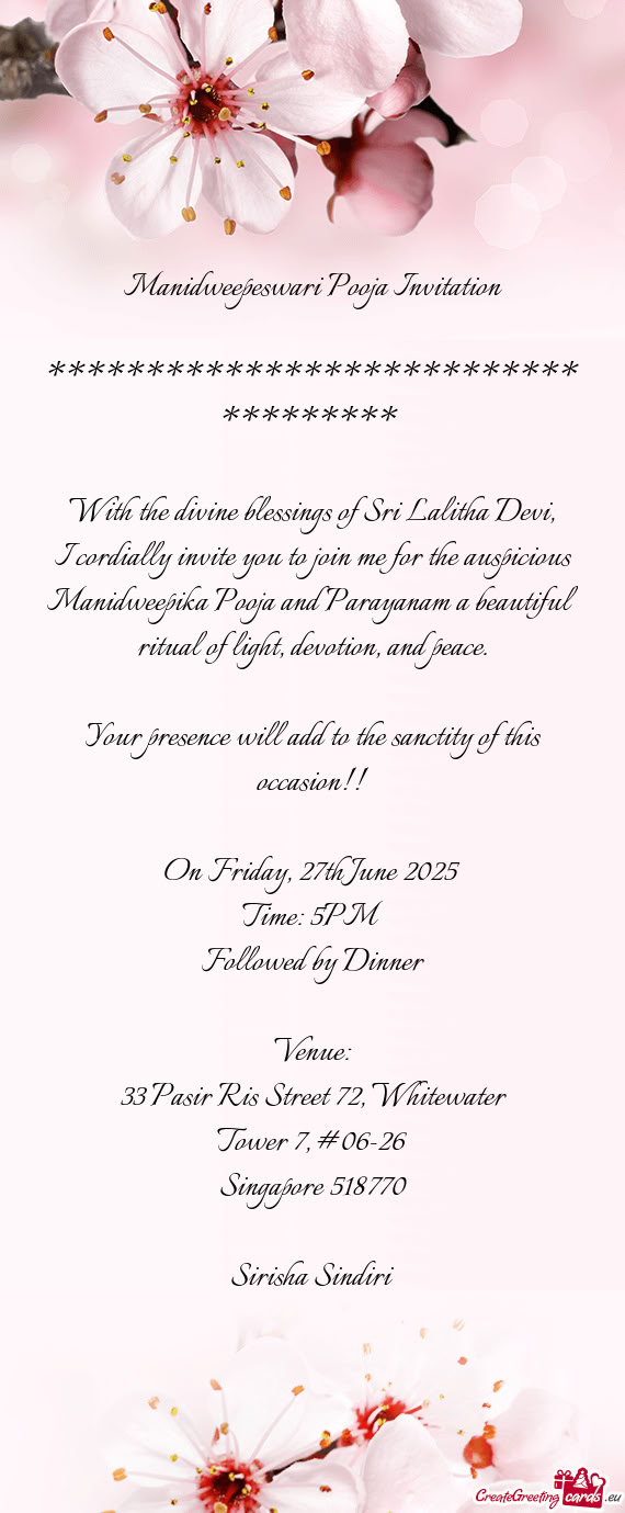 Manidweepeswari Pooja Invitation