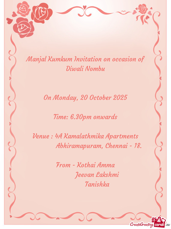 Manjal Kumkum Invitation on occasion of Diwali Nombu