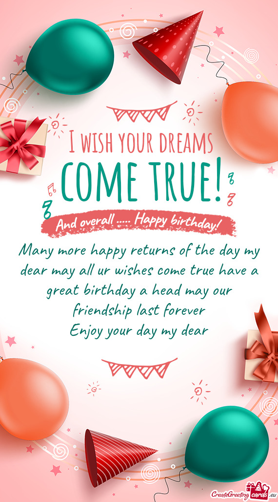 Many more happy returns of the day my dear may all ur wishes come true have a great birthday a head