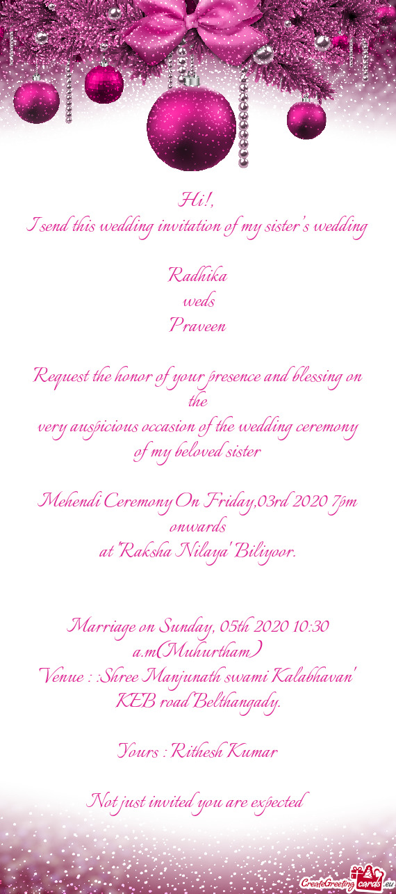 Marriage on Sunday, 05th 2020 10:30 a.m(Muhurtham)