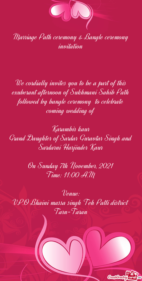 Marriage Path ceremony & Bangle ceremony invitation