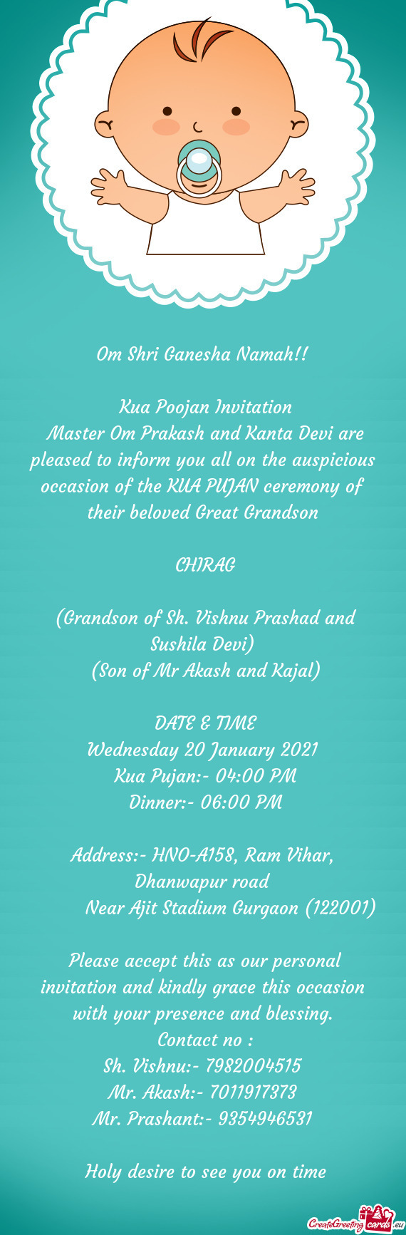 Master Om Prakash and Kanta Devi are pleased to inform you all on the auspicious occasion of the KU