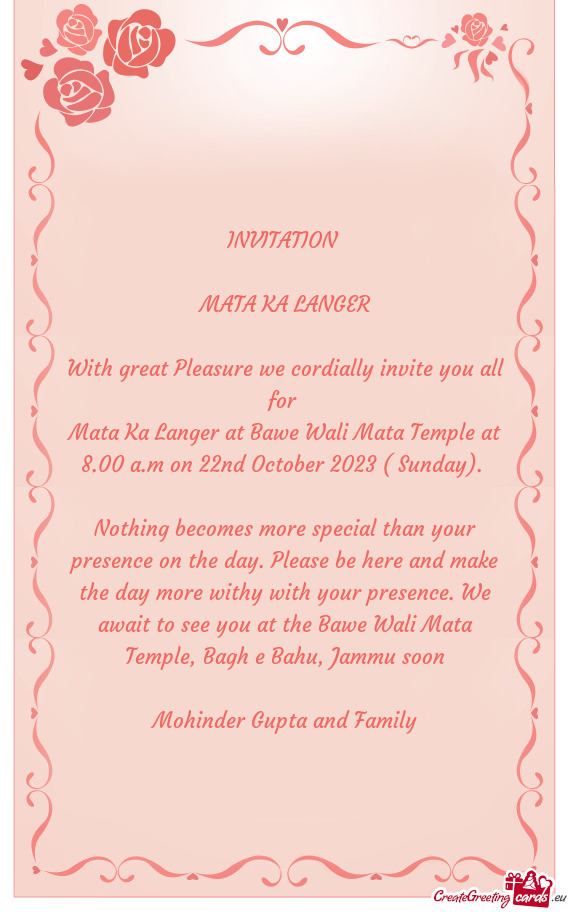 Mata Ka Langer at Bawe Wali Mata Temple at 8.00 a.m on 22nd October 2023 ( Sunday)