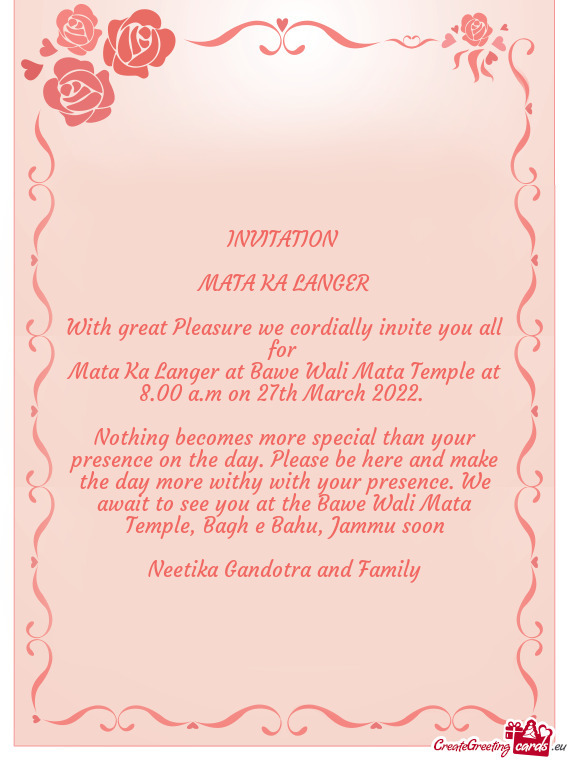 Mata Ka Langer at Bawe Wali Mata Temple at 8.00 a.m on 27th March 2022