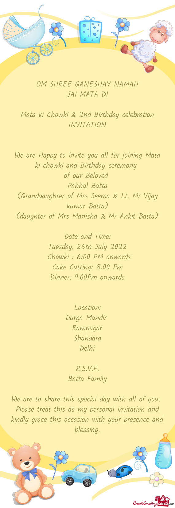Mata ki Chowki & 2nd Birthday celebration INVITATION
