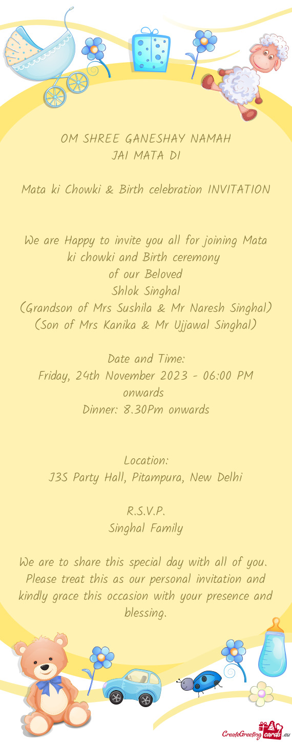 Mata ki Chowki & Birth celebration INVITATION