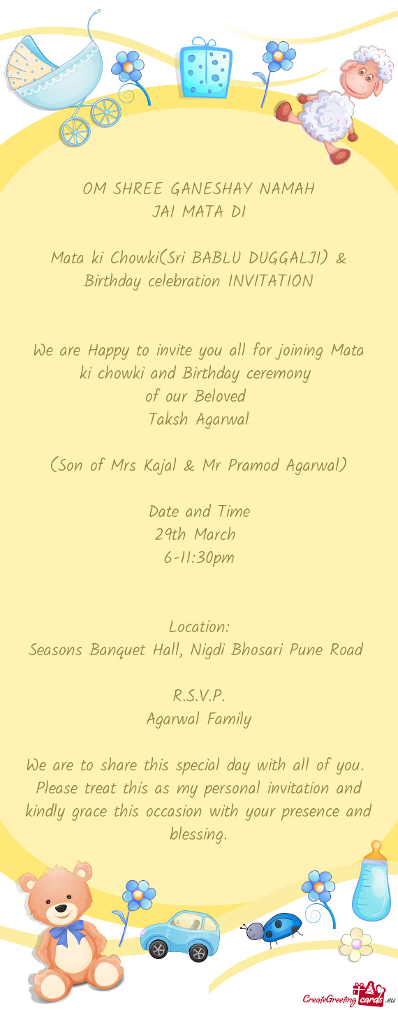 Mata ki Chowki(Sri BABLU DUGGALJI) & Birthday celebration INVITATION
