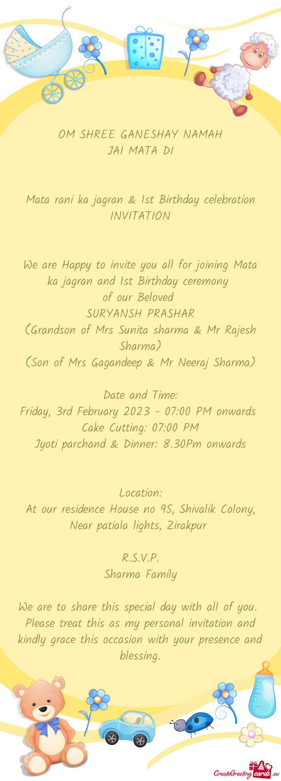 Mata rani ka jagran & 1st Birthday celebration INVITATION