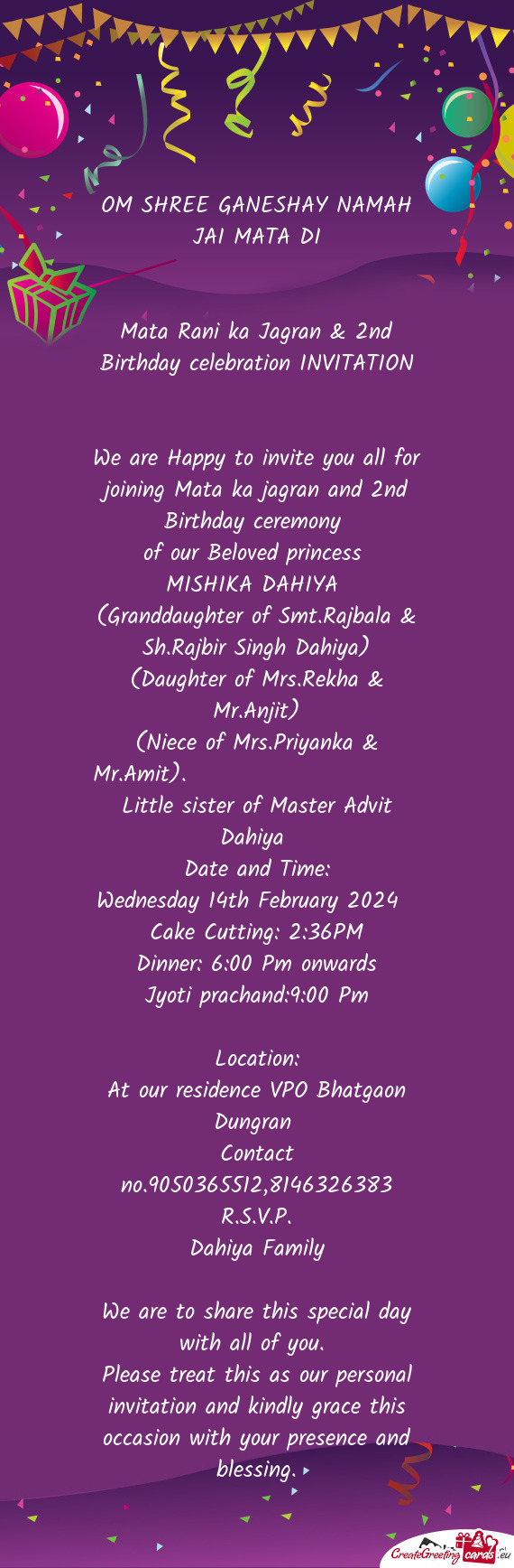 Mata Rani ka Jagran & 2nd Birthday celebration INVITATION