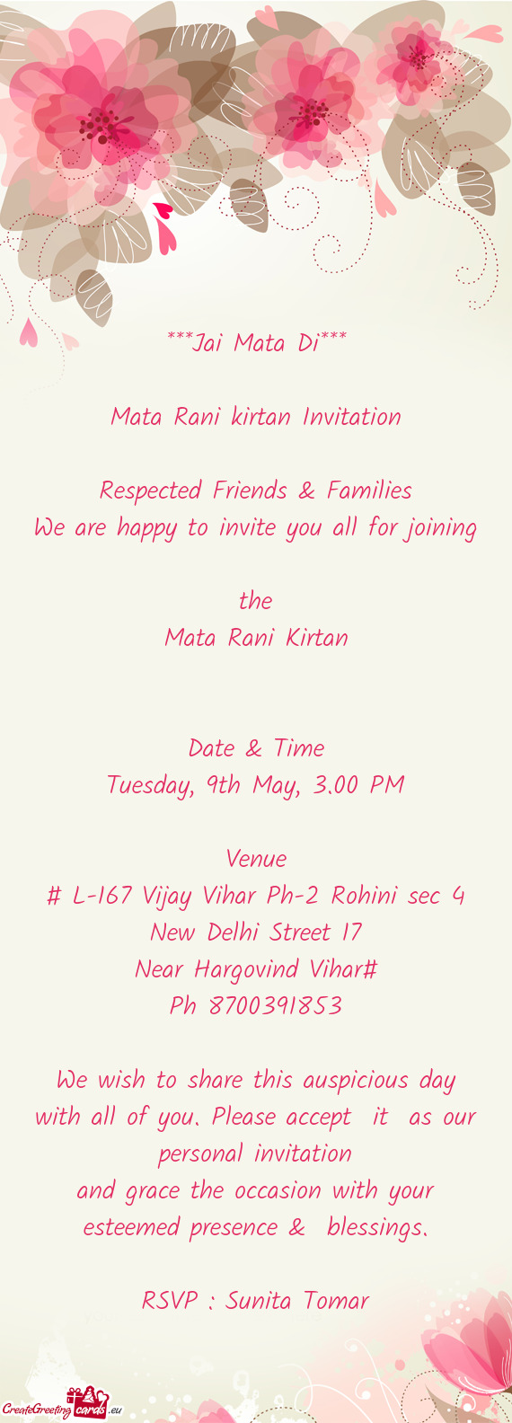 Mata Rani kirtan Invitation