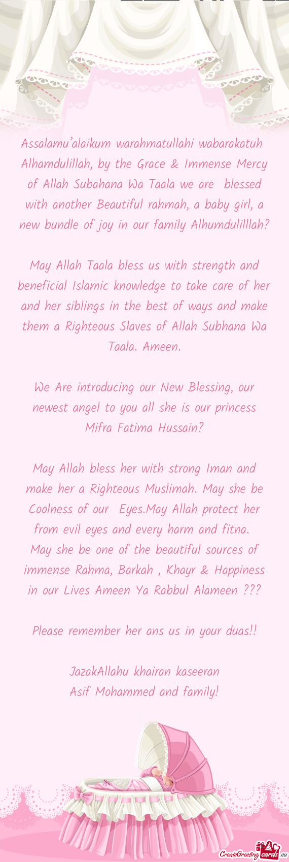 May Allah bless her with strong Iman and make her a Righteous Muslimah. May she be Coolness of our