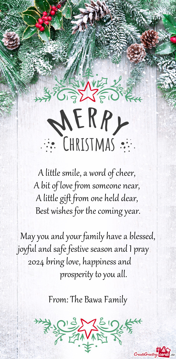 May you and your family have a blessed, joyful and safe festive season and I pray  2024 bring lo