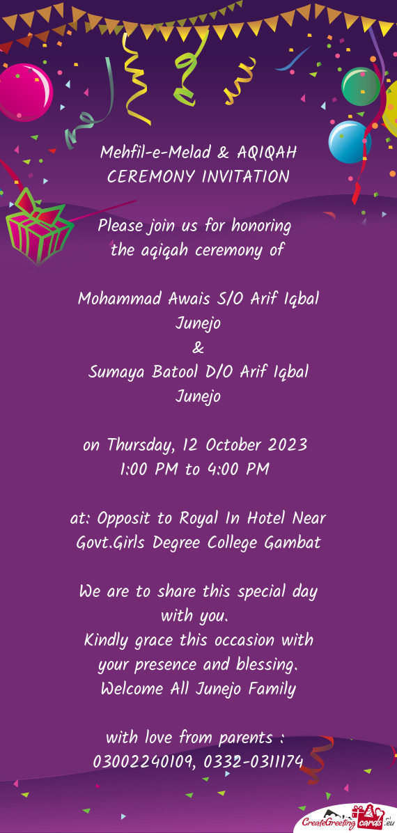 Mehfil-e-Melad & AQIQAH CEREMONY INVITATION - Free cards