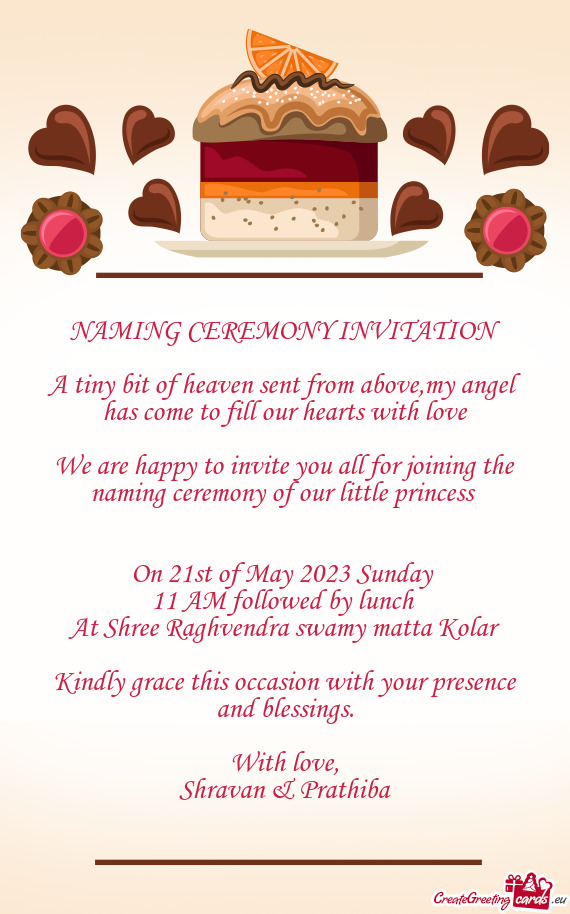 Ming ceremony of our little princess  On 21st of May 2023 Sunday 11 AM followed by lunch At