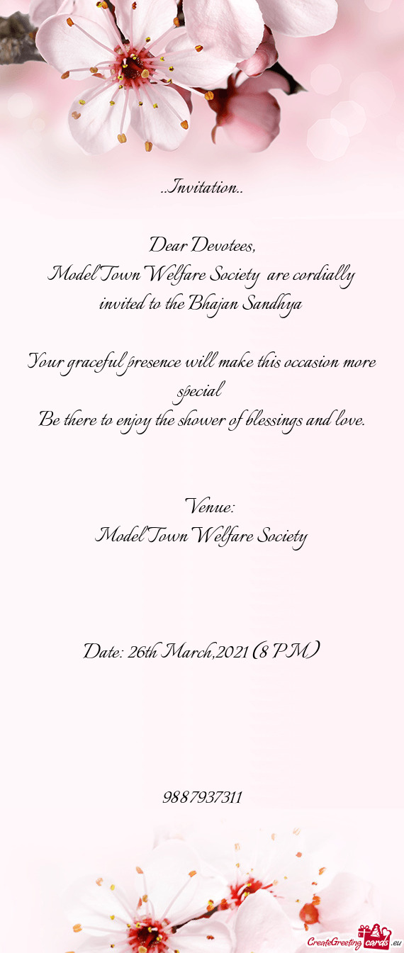 Model Town Welfare Society are cordially invited to the Bhajan Sandhya