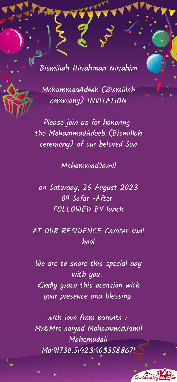 MohammadAdeeb (Bismillah ceremony) INVITATION