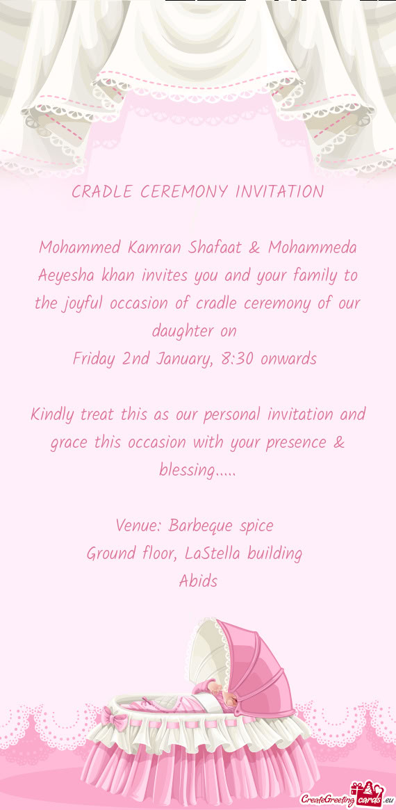 Mohammed Kamran Shafaat & Mohammeda Aeyesha khan invites you and your family to the joyful occasion