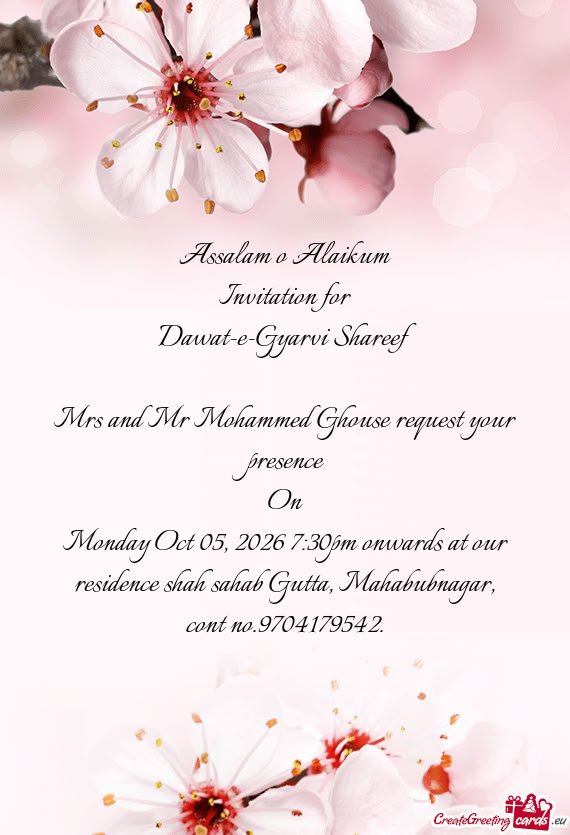 Monday Oct 05, 2026 7:30pm onwards at our residence shah sahab Gutta, Mahabubnagar