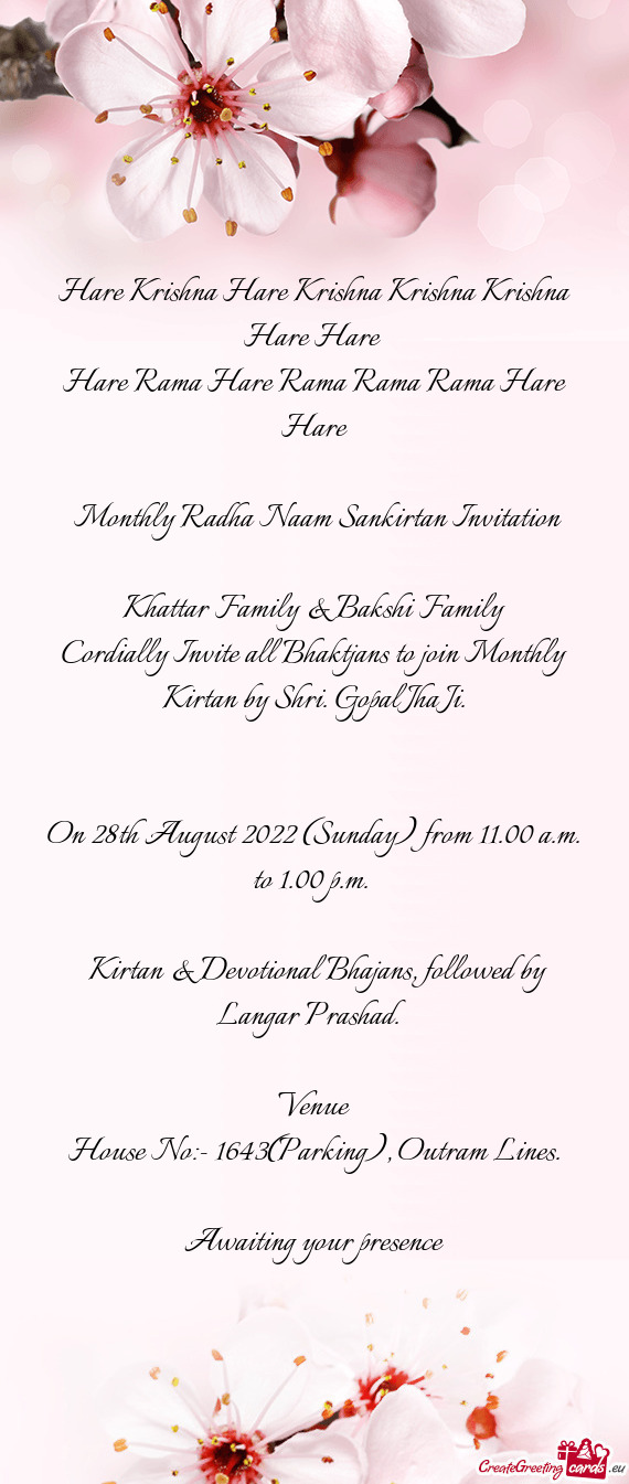 Monthly Radha Naam Sankirtan Invitation