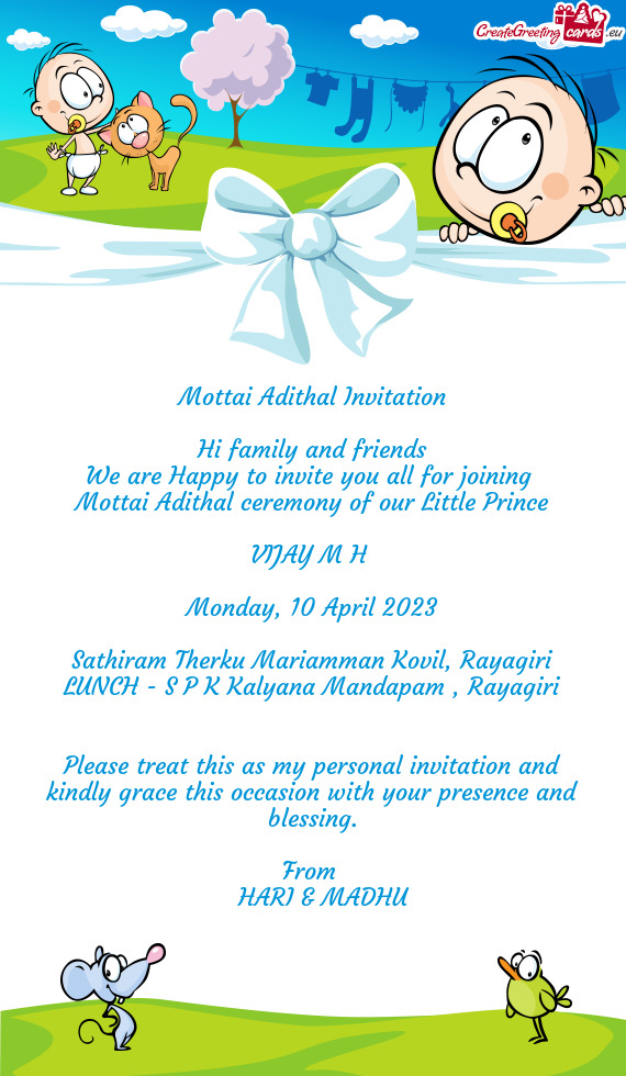 Mottai Adithal Invitation Hi family and friends We are Happy to invite you all for joining Mot