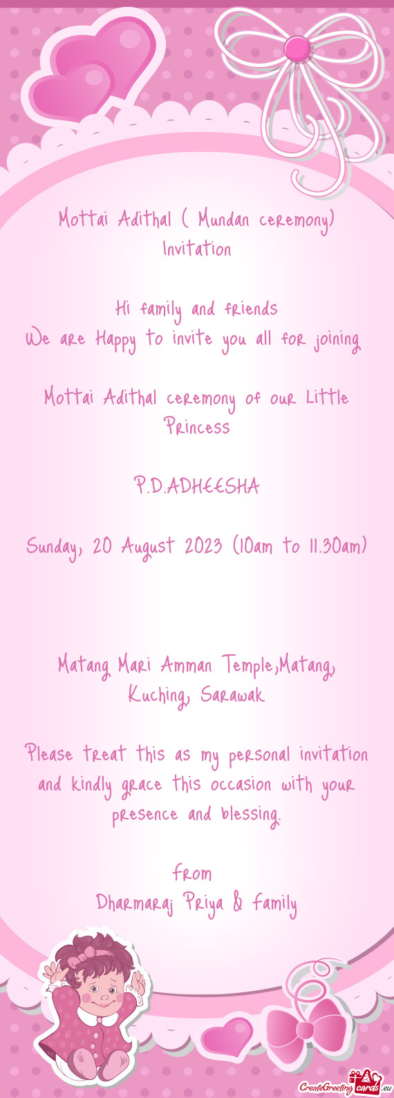 Mottai Adithal ( Mundan ceremony) Invitation