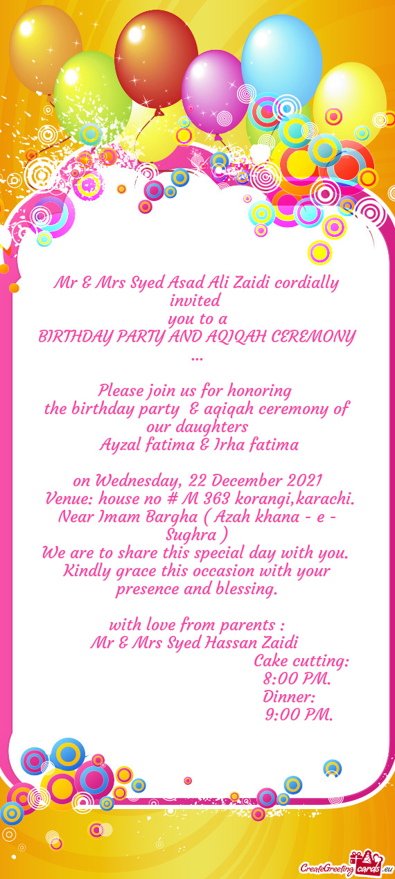 Mr & Mrs Syed Asad Ali Zaidi cordially invited