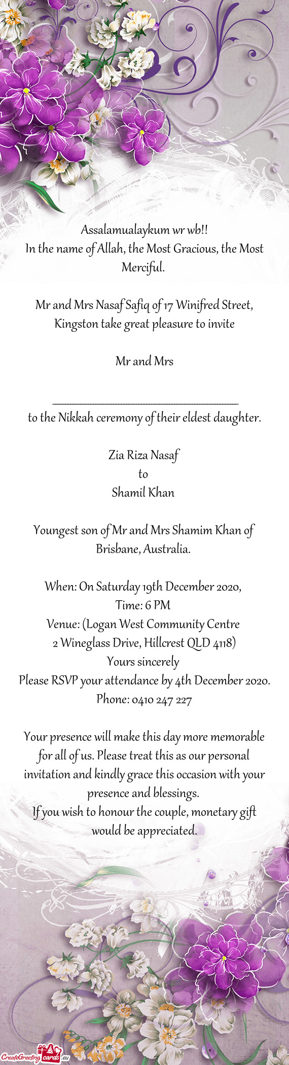 Mr and Mrs Nasaf Safiq of 17 Winifred Street, Kingston take great pleasure to invite