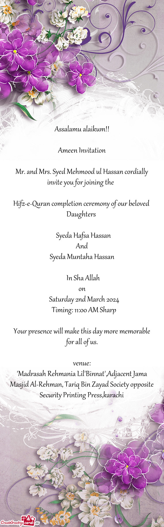 Mr. and Mrs. Syed Mehmood ul Hassan cordially invite you for joining the