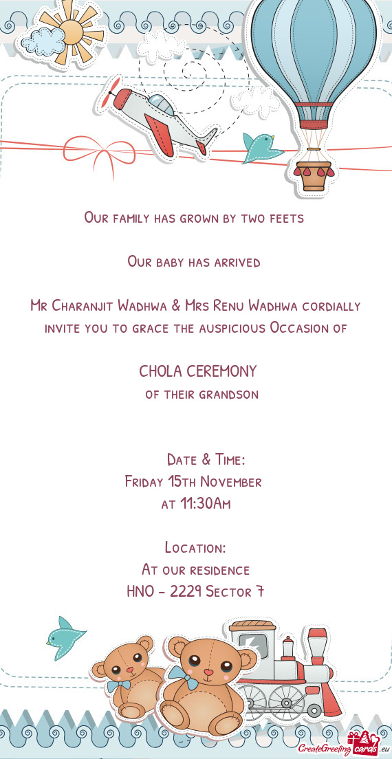 Mr Charanjit Wadhwa & Mrs Renu Wadhwa cordially invite you to grace the auspicious Occasion of