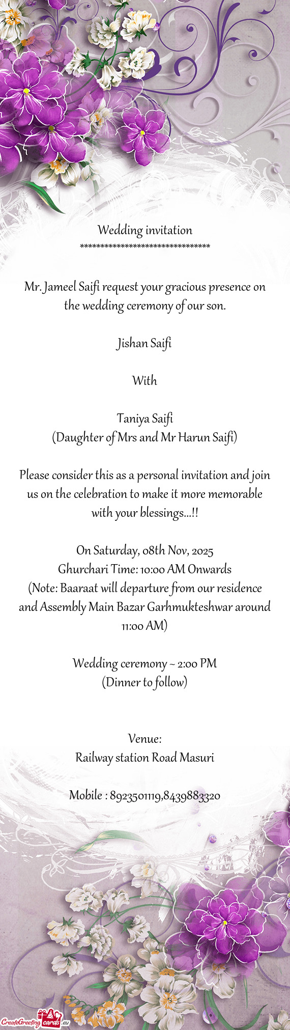 Mr. Jameel Saifi request your gracious presence on the wedding ceremony of our son