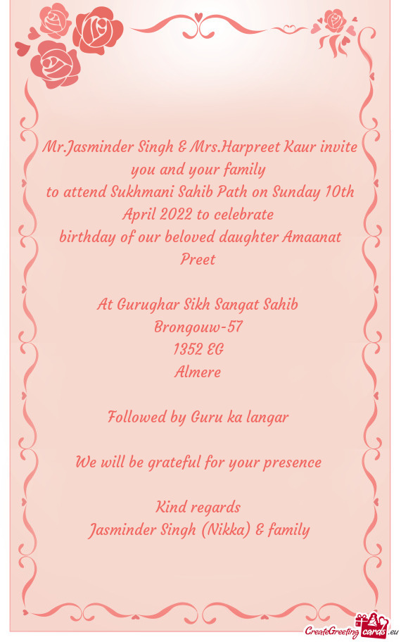 Mr.Jasminder Singh & Mrs.Harpreet Kaur invite you and your family