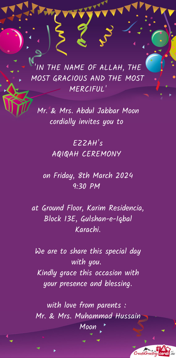 Mr. & Mrs. Abdul Jabbar Moon cordially invites you to