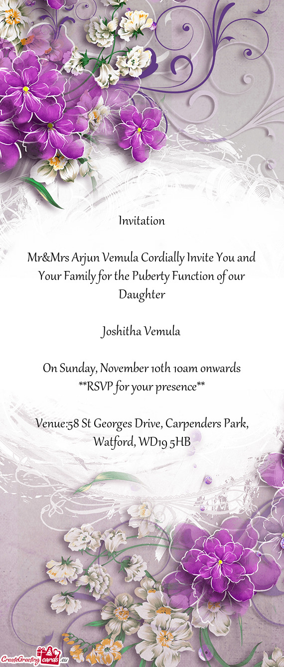 Mr&Mrs Arjun Vemula Cordially Invite You and Your Family for the Puberty Function of our Daughter