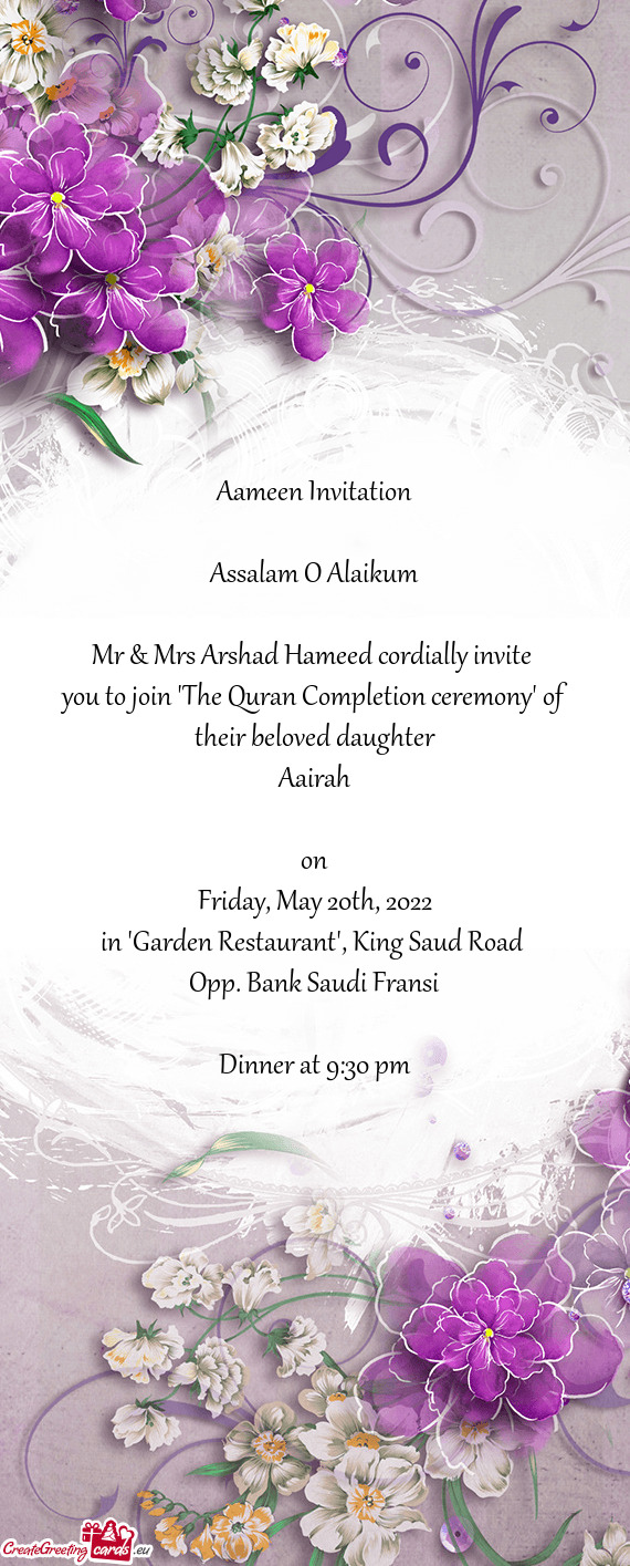 Mr & Mrs Arshad Hameed cordially invite