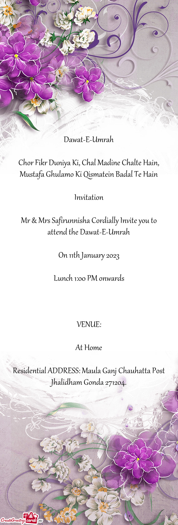 Mr & Mrs Safirunnisha Cordially Invite you to attend the Dawat-E-Umrah
