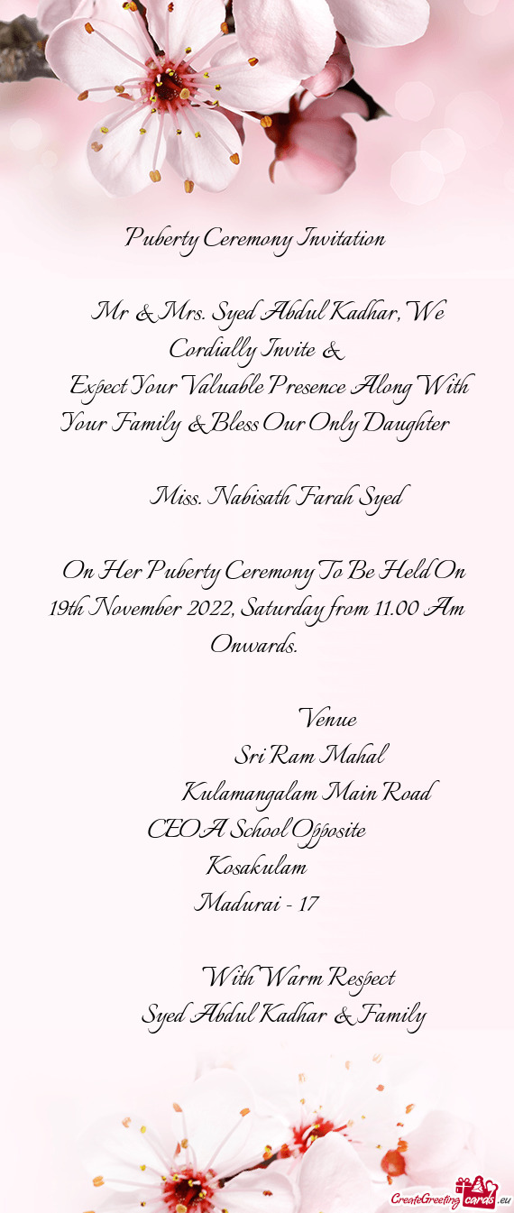 Mr & Mrs. Syed Abdul Kadhar, We Cordially Invite &