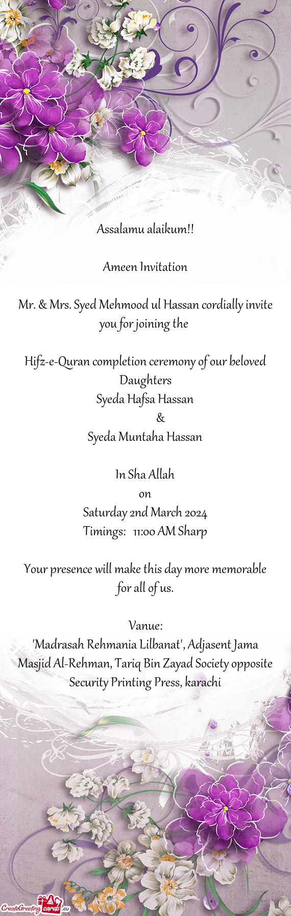 Mr. & Mrs. Syed Mehmood ul Hassan cordially invite you for joining the