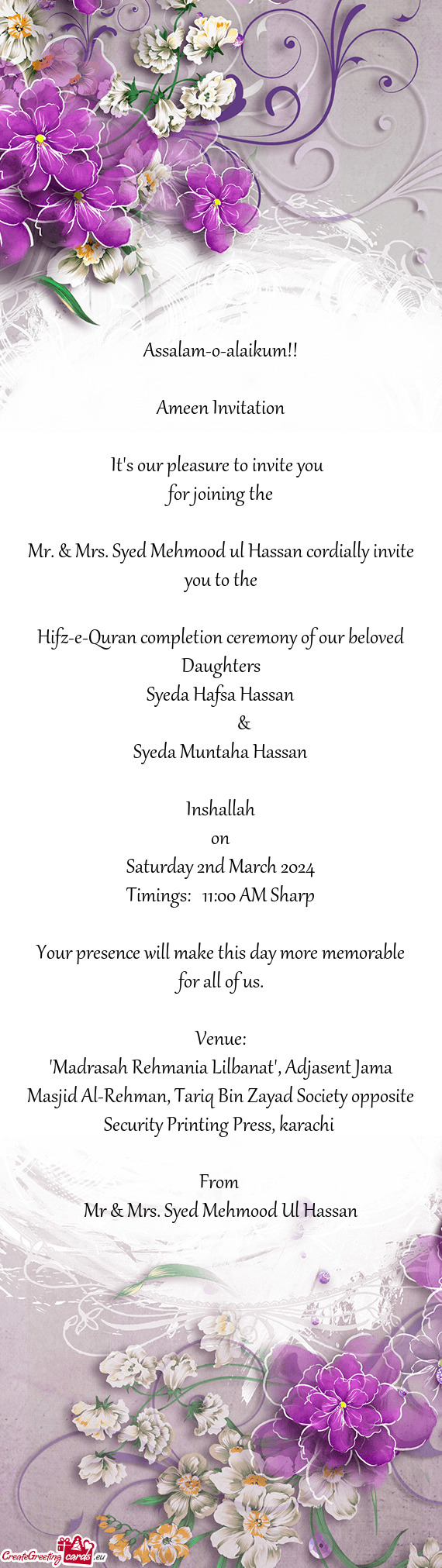 Mr. & Mrs. Syed Mehmood ul Hassan cordially invite you to the