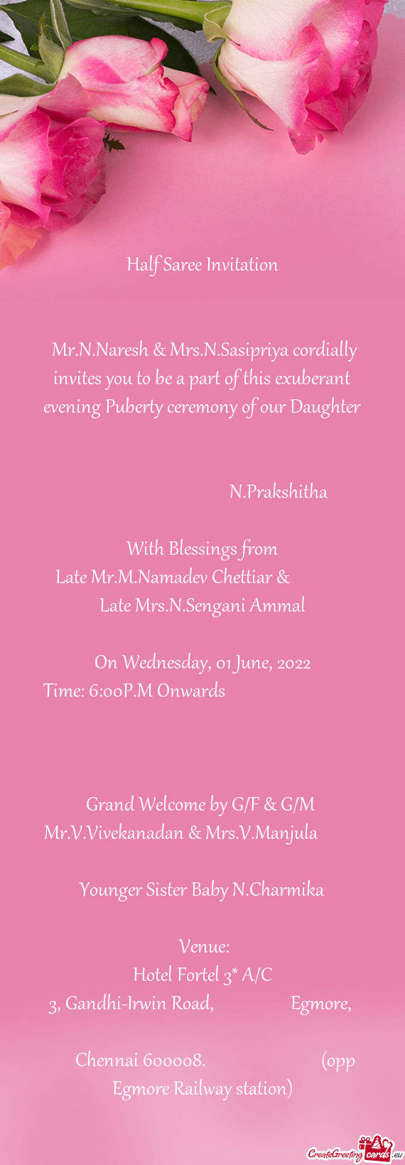 Mr.N.Naresh & Mrs.N.Sasipriya cordially invites you to be a part of this exuberant evening Puberty