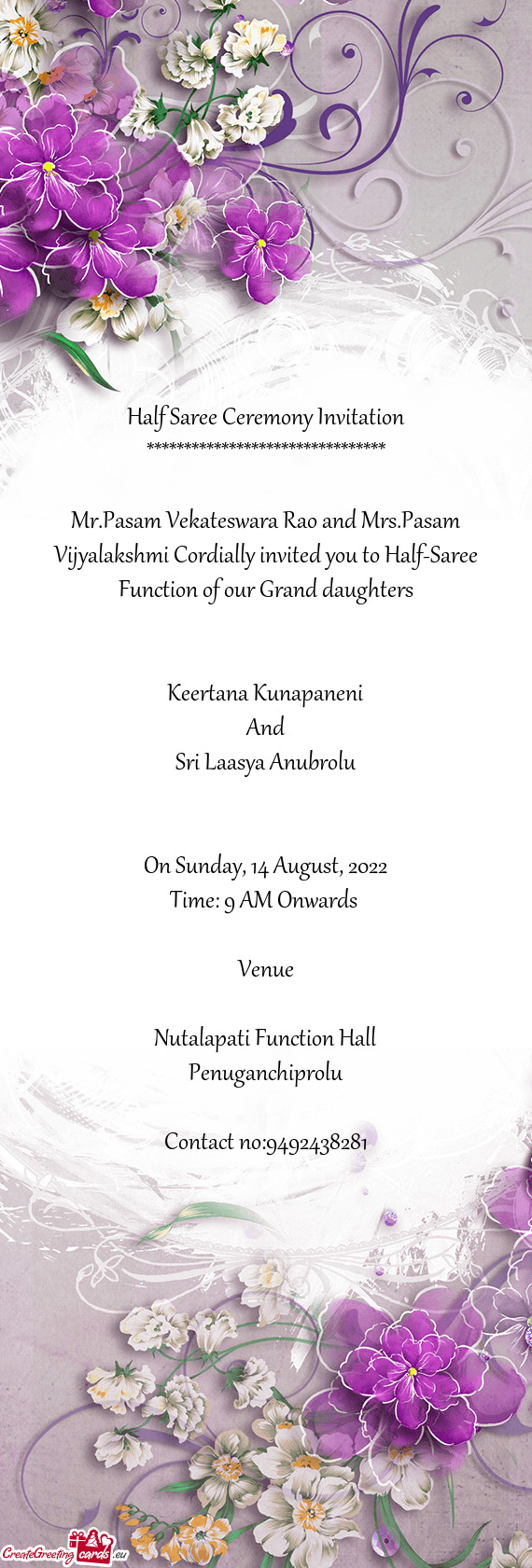 Mr.Pasam Vekateswara Rao and Mrs.Pasam Vijyalakshmi Cordially invited you to Half-Saree Function of
