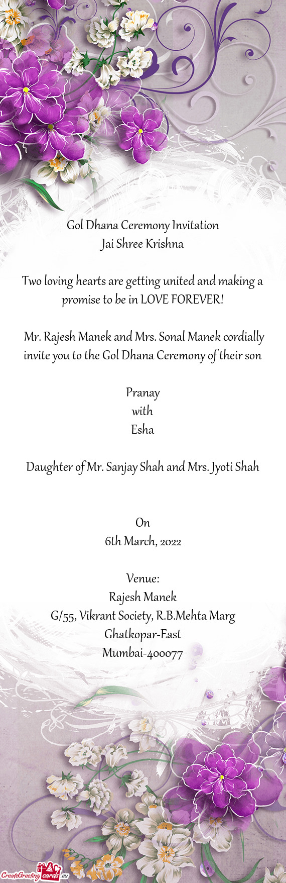 Mr. Rajesh Manek and Mrs. Sonal Manek cordially invite you to the Gol Dhana Ceremony of their son