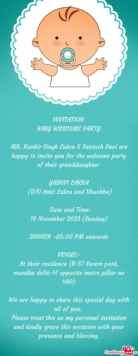 MR. Ranbir Singh Lakra & Santosh Devi are happy to invite you for the welcome party of their grandda