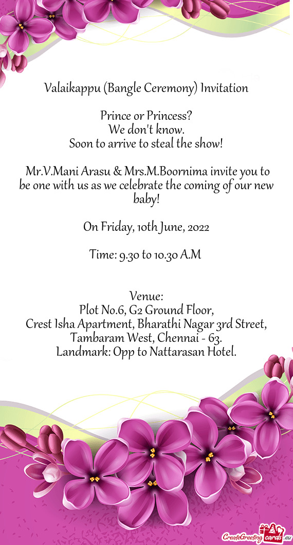 Mr.V.Mani Arasu & Mrs.M.Boornima invite you to be one with us as we celebrate the coming of our new