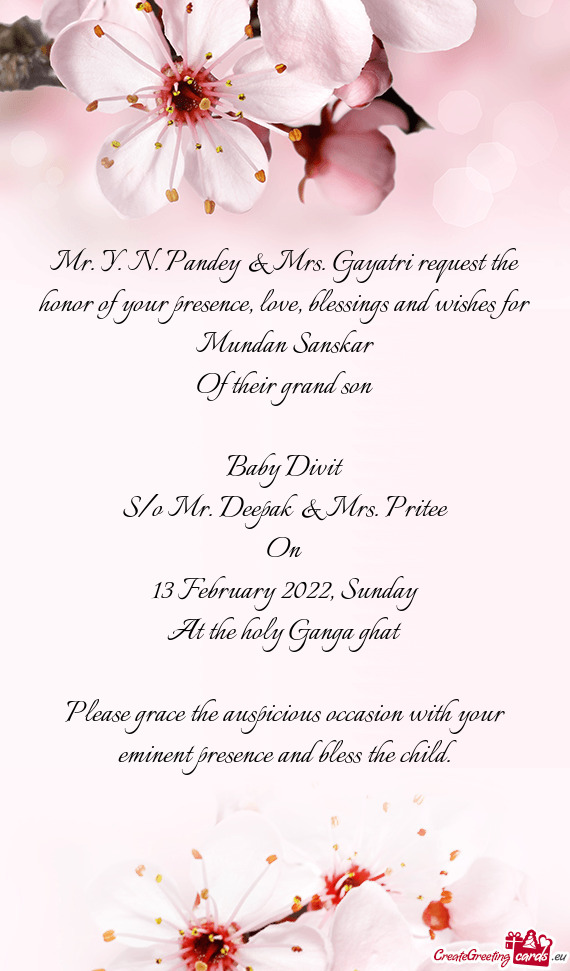 Mr. Y. N. Pandey & Mrs. Gayatri request the honor of your presence, love, blessings and wishes for