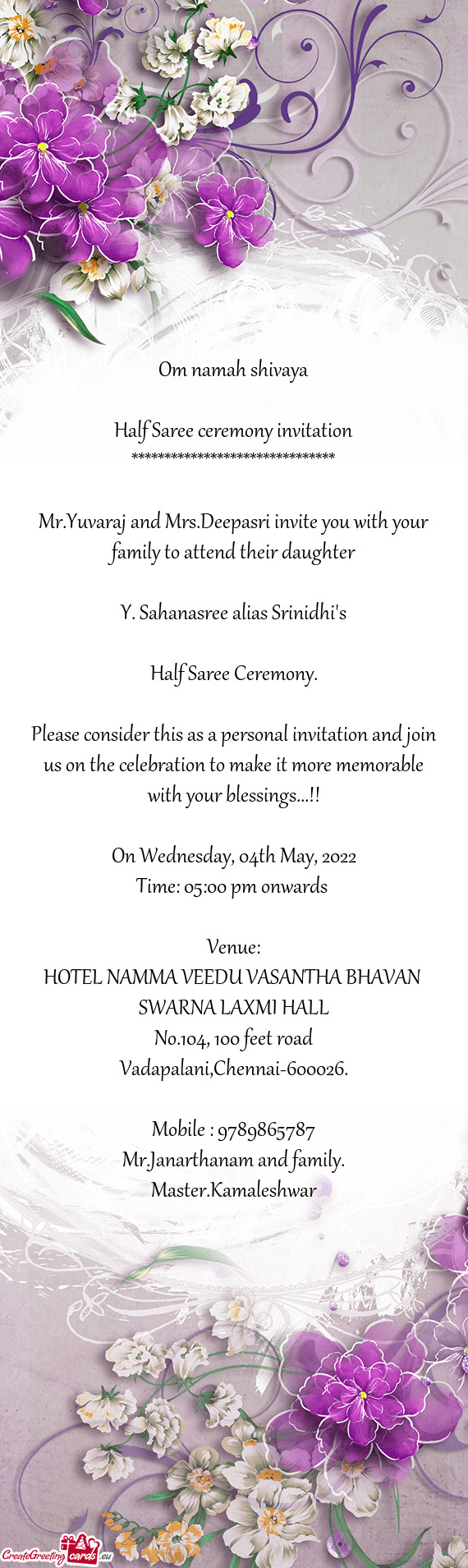 Mr.Yuvaraj and Mrs.Deepasri invite you with your family to attend their daughter