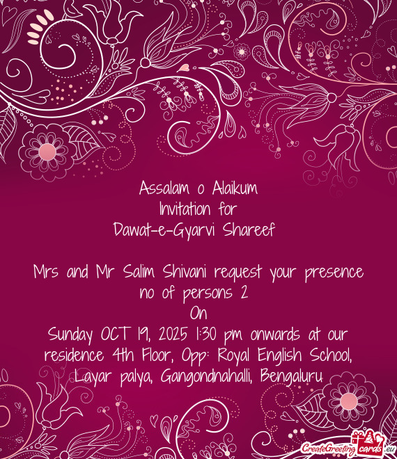 Mrs and Mr Salim Shivani request your presence no of persons 2