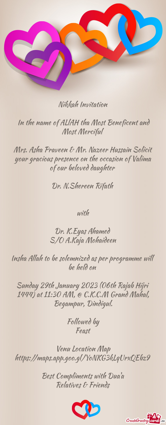 Mrs. Asha Praveen & Mr. Nazeer Hussain Solicit your gracious presence on the occasion of Valima of o