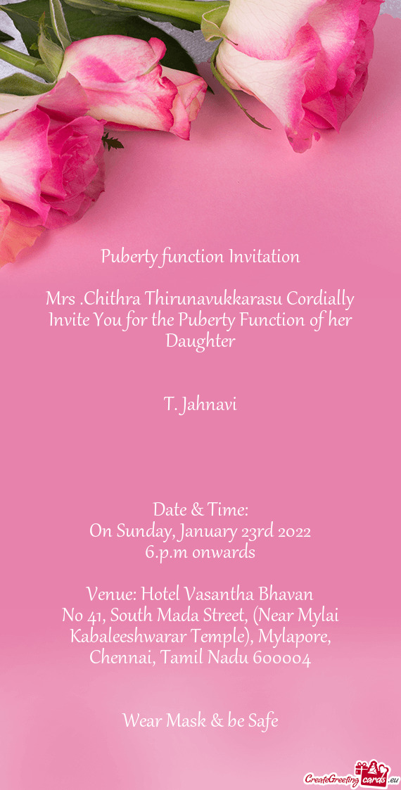 Mrs .Chithra Thirunavukkarasu Cordially Invite You for the Puberty Function of her