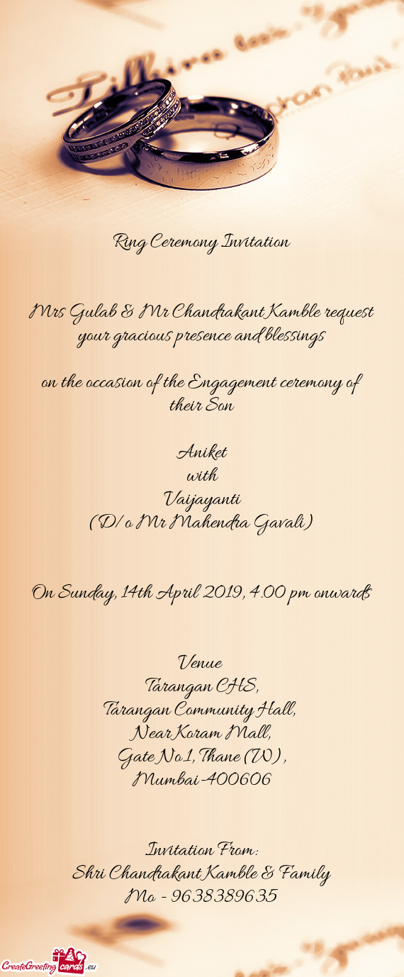 Mrs Gulab & Mr Chandrakant Kamble request your gracious presence and blessings